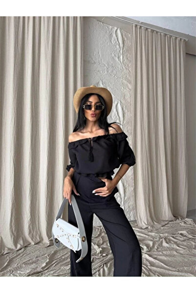 Serero Linen Madonna Collar Sleeve Straw Pants - Pants Suit - Black