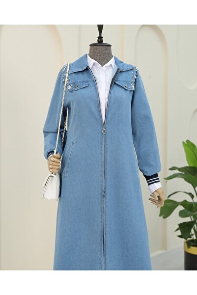 Modamorfo Dlouhá džínová čepice s perličkami na rameni a žebrovaným zipem