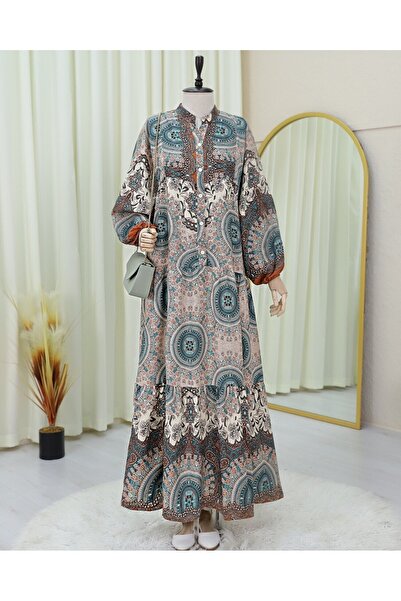 Modamorfo Φόρεμα με όρθιο γιακά με μισό κουμπί - Ανοιχτό καφέ