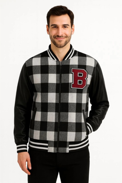 mzpkartan Lumberjack College Jacket with Faux Leather Sleeves and Lining - Gray