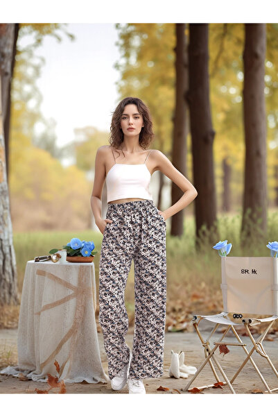 Cotton Mood 20343432 Dok.Viskon Floral Patterned Loose Leg Trousers with Pockets Ecru Flower Pattern