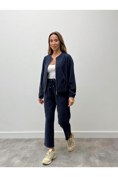 Maldia Shop Women's Zippered Jacket Pants Bottom-Top Navy Blue Set