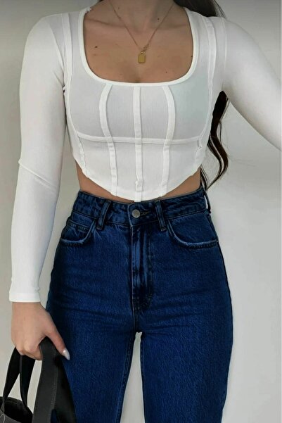 Trn JNS Cloria material elastic Super talie înaltă Blugi casual albastru închis pantaloni palazzo (Super talie înaltă )