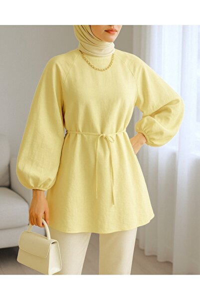Modamorfo Round Neck Waist Lace up Balloon Sleeve Tunic -Light Yellow