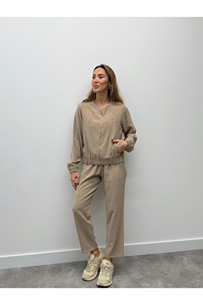 Maldia Shop Women's Zippered Jacket Pants Bottom-Top Mink Set