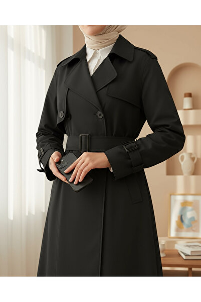 Modamorfo Eteği Pliseli Bolerolu Kemerli Trençkot -Siyah