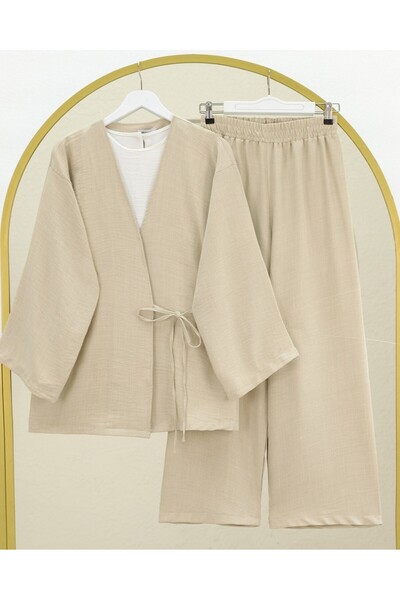 Modamorfo Σετ κιμονό μπεζ με γραβάτα μπροστά με παντελόνι