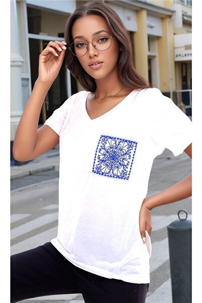 Cotton Mood 20052934 Single Jersey Pocket Embroidered V-Neck Short Sleeve T-S...