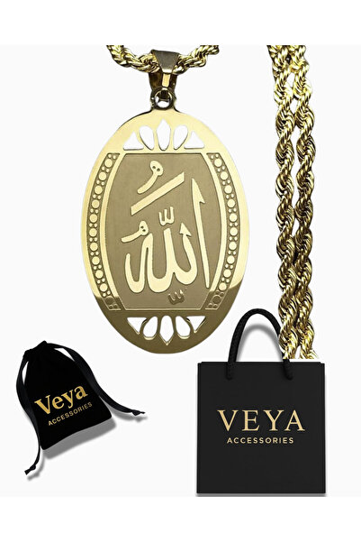 VEYA A gold necklace, bearing an elegant Islamic inscription of the name of God, "Allah," comes in a luxurious package.