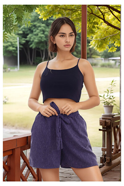 Cotton Mood 20074507 Dok.Keten Pocketed Shorts with Tie and Elastic Waist in Navy Blue