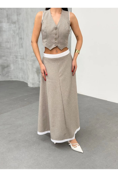 Adora Moda Women's Striped Garnished Midi Length Bell Skirt Vest Set