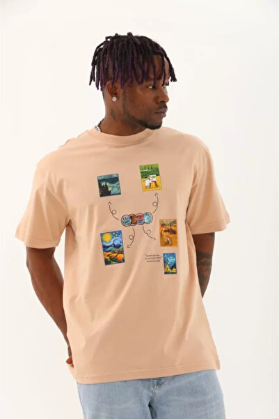 HAZEGO Tricou unisex oversize cu decolteu rotund cu imprimeu - bej