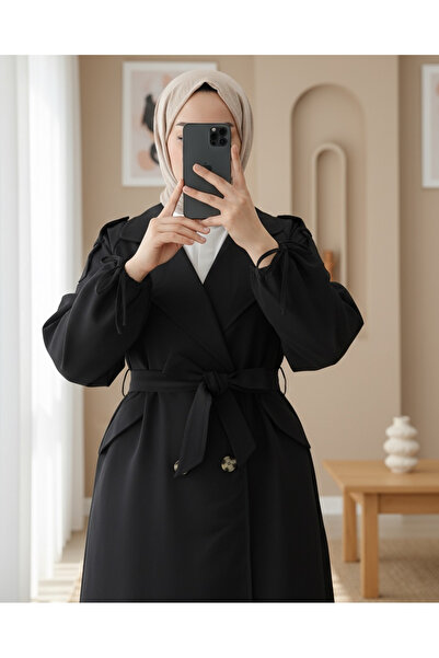 Modamorfo Trenchcoat mit Ärmelbündchen, Taschen und Schnürung – Schwarz