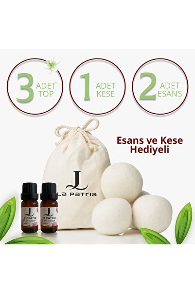 LaPatria 3 Adet Xxxl Yün Çamaşır Kurutma Makinesi Topu(KESE VE 2ADET ESANS YAĞ 10ML HEDİYE)