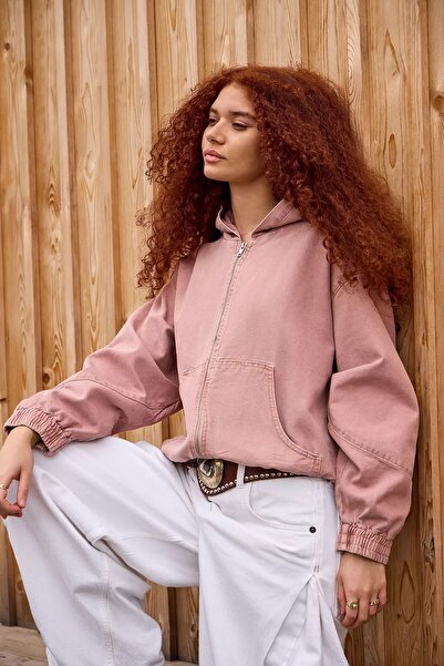 september island Pink Color Canvas Hooded Coat with Logo Embroidered on the Back