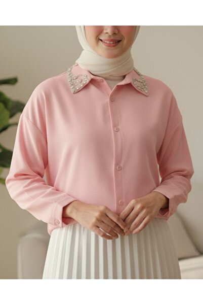Modamorfo Buttoned Casual Shirt with Stone Detail on the Collar - Pink
