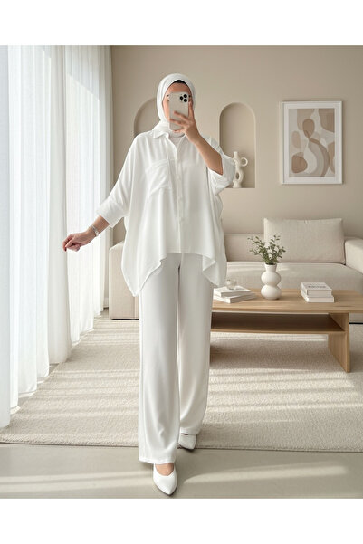Modamorfo Double Pocket Half Bat Sleeve Loose Shirt Set -White