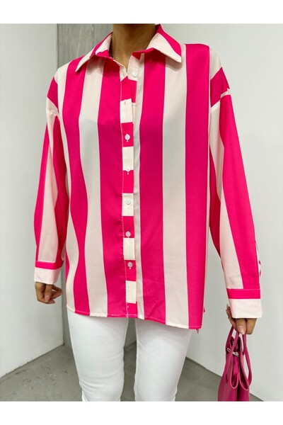 Modamorfo Πουκάμισο με χοντρές ρίγες με κουμπιά - Φούξια