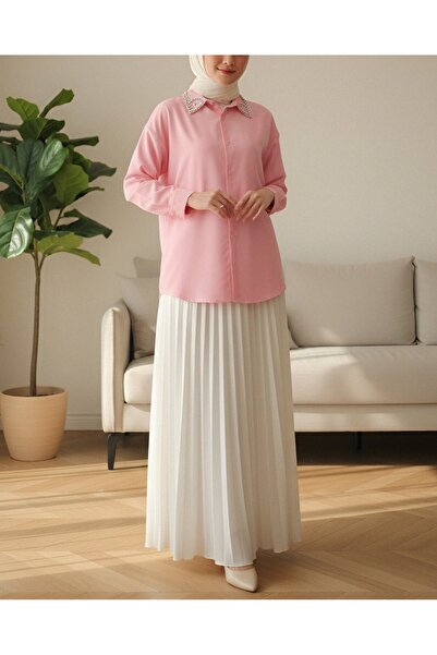 Modamorfo Buttoned Casual Shirt with Stone Detail on the Collar - Pink