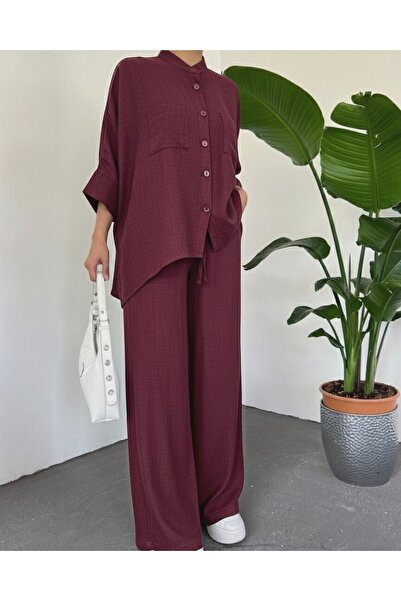 Modamorfo Double Pocket Half Bat Sleeve Loose Shirt Set - Burgundy