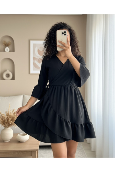 Modamorfo Φόρεμα Ayrobin με βολάν φούστα και μανίκια ελαστική μέση - μαύρο