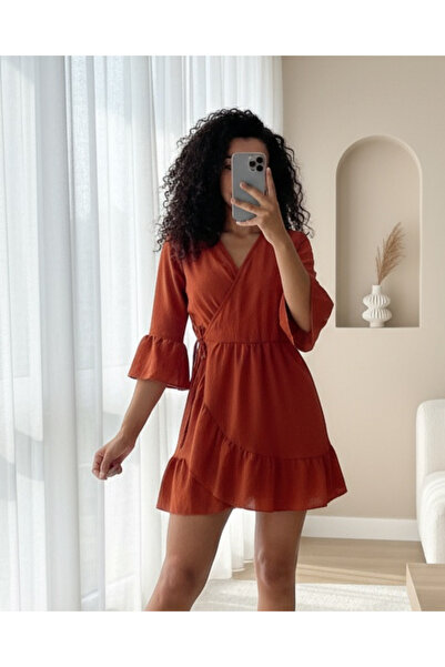 Modamorfo Elastic Waist Ayrobin Dress with Ruffled Hem and Sleeves - Tile