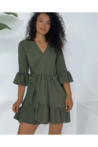 Modamorfo Ruffled Hem and Sleeves Elastic Waist Ayrobin Dress -Khaki