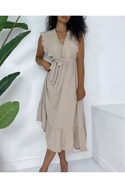 Modamorfo Mink Colored - Ruffled Shoulder and Elastic Waist Lace-Up Ayrobin Dress