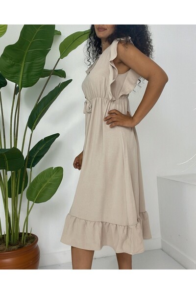 Modamorfo Midi šaty Ayrobin – volánky na ramenou, elastický pas, nulový rukáv, světlá norka