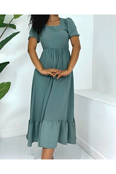 Modamorfo Mátové barvy čtvercový límec a elastický pas s krátkým rukávem Ayrobin šaty