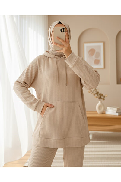 Modamorfo Hooded Kangaroo Pocket Corded Fabric Set -Beige