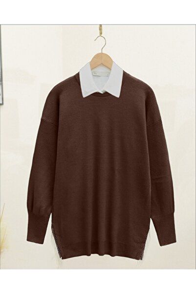 Modamorfo Knitwear Sweater - Slit and Tassel, Brown Color