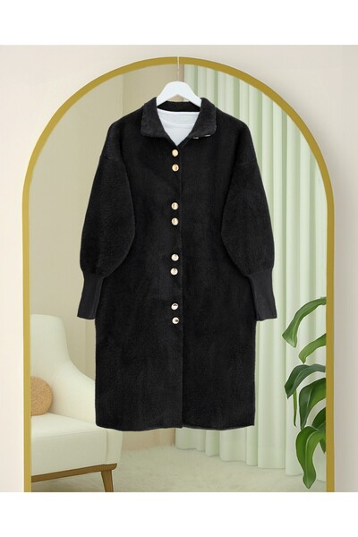 Modamorfo Buttoned Front Long Bearded Soft Cardigan -Black