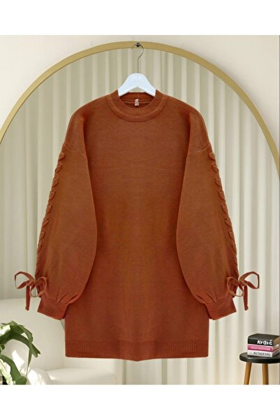 Modamorfo Round Neck Sleeve Knit Detailed Sweater -Tile