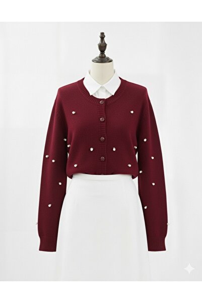 Modamorfo Buttoned Floral Detailed Soft Cardigan - Burgundy