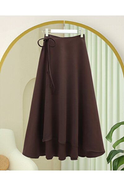 Modamorfo Layered Zippered Scuba Skirt with Side Tie Detail - Brown