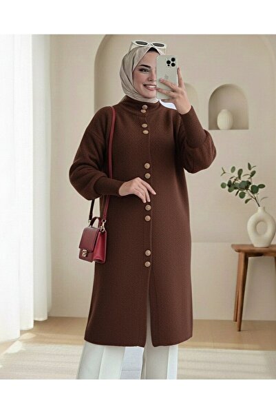 Modamorfo Buttoned Front Long Bearded Soft Cardigan - Brown