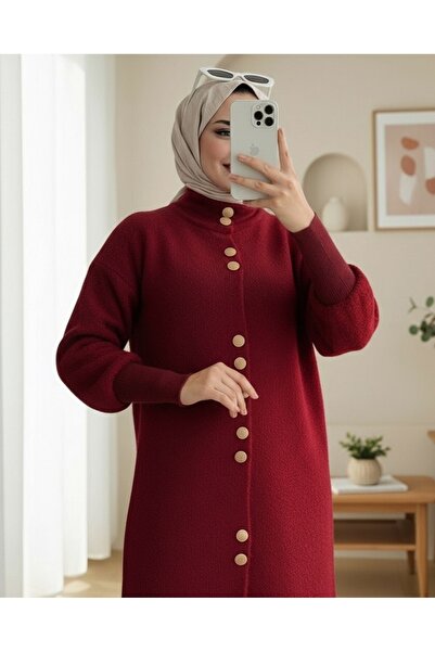 Modamorfo Soft Cardigan with Long Beard and Buttons on the Front -Burgundy