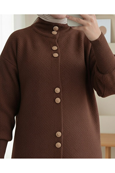 Modamorfo Buttoned Front Long Bearded Soft Cardigan - Brown