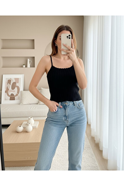 Modamorfo Rope Strap Ribbed Blouse -Black