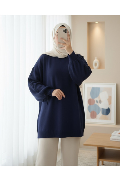 Modamorfo Yuvarlak Yaka Kolu Örgü Detaylı Triko Kazak -Laci