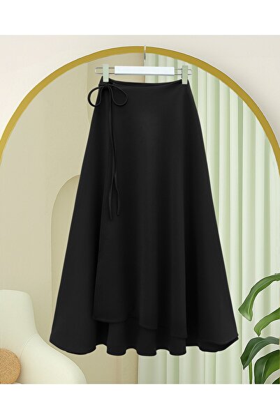 Modamorfo Layered Zippered Scuba Skirt with Side Tie Detail - Black