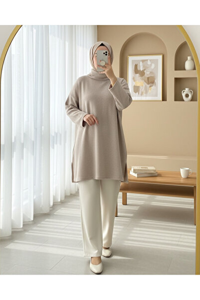 Modamorfo Turtleneck Slit Ribbed Knit Tunic -Stone