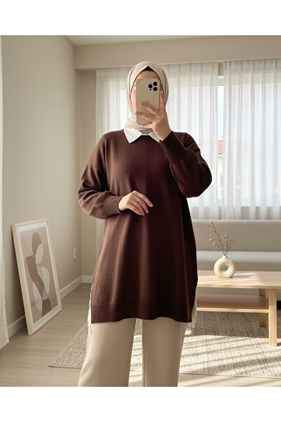 Modamorfo Knitwear Sweater - Slit and Tassel, Brown Color