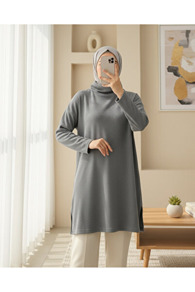 Modamorfo Turtleneck Slit Ribbed Knit Tunic -Gray