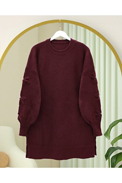 Modamorfo Round Neck Soft Knit Sweater with Handle Flower Detail - Burgundy
