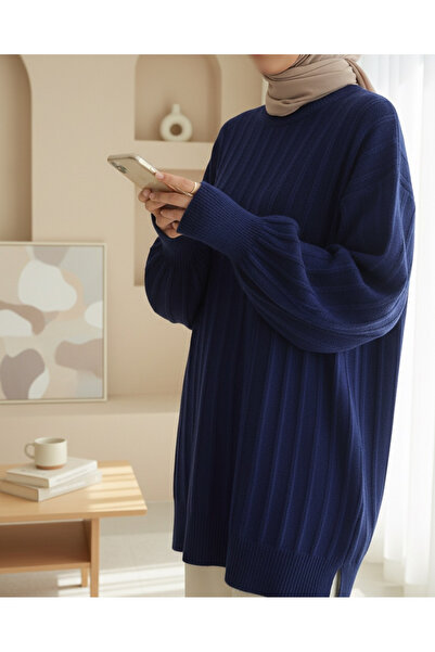 Modamorfo Corded Fabric Slit Yumoş Knitwear Tunic - Navy