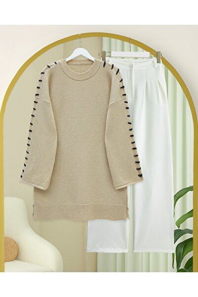 Modamorfo Striped Knit Tunic with Drawstring Sleeves - Mink