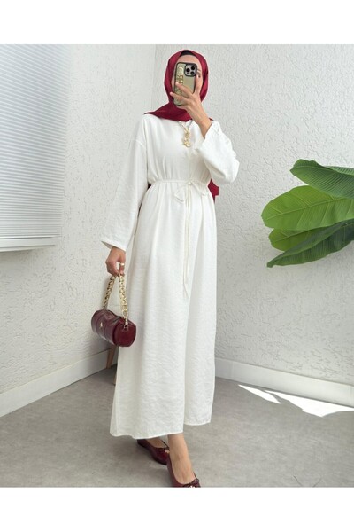 Modamorfo Λινό φόρεμα με δεμένη μέση και φερμουάρ στην πλάτη - Εκρού