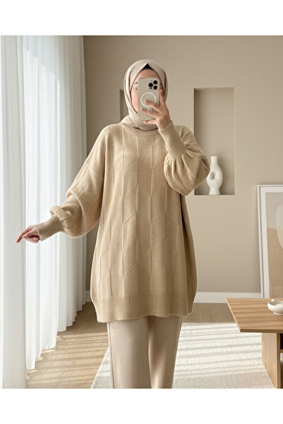 Modamorfo Round Neck Casual Patterned Knitwear Sweater - Light Mink